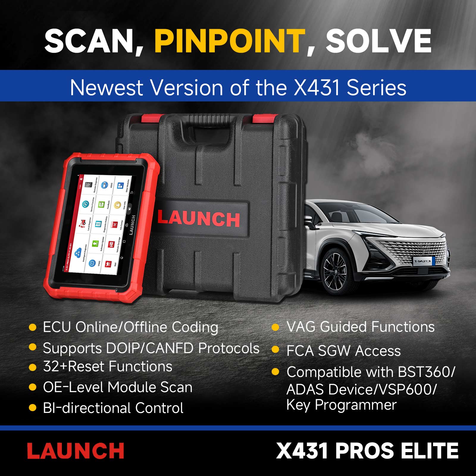 Launch X431 PROS Elite Car Diagnostic Tool for Full System Bidirectional,  32+ Services, ECU Coding, CANFD&DoIP, FCA Autoauth, Guide Function - launch -tool.com